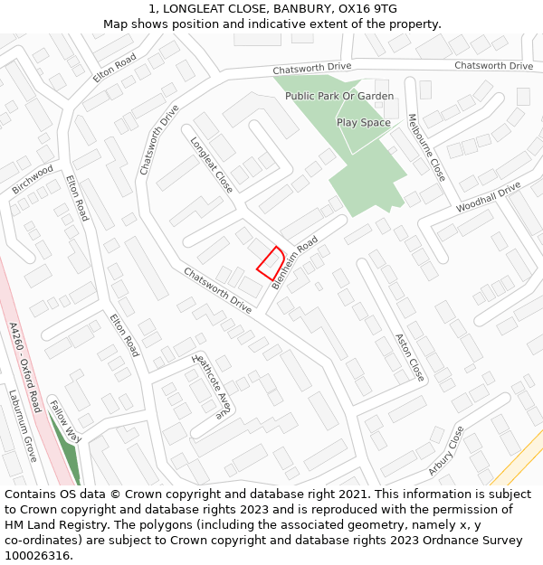 1, LONGLEAT CLOSE, BANBURY, OX16 9TG: Location map and indicative extent of plot