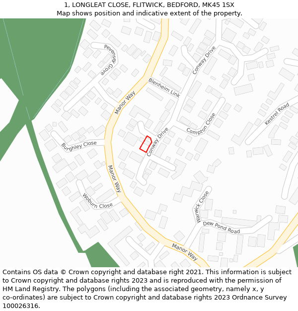 1, LONGLEAT CLOSE, FLITWICK, BEDFORD, MK45 1SX: Location map and indicative extent of plot