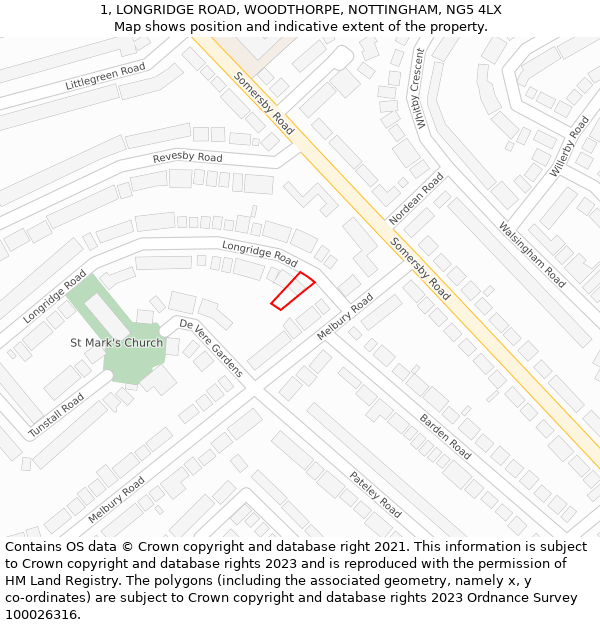1, LONGRIDGE ROAD, WOODTHORPE, NOTTINGHAM, NG5 4LX: Location map and indicative extent of plot