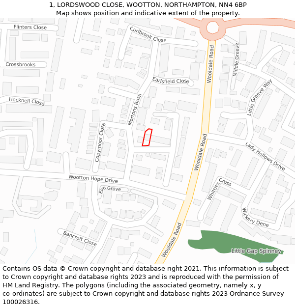 1, LORDSWOOD CLOSE, WOOTTON, NORTHAMPTON, NN4 6BP: Location map and indicative extent of plot