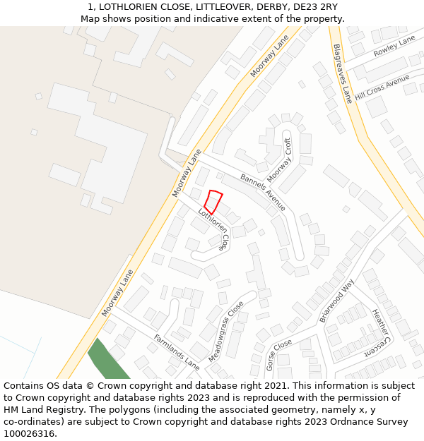 1, LOTHLORIEN CLOSE, LITTLEOVER, DERBY, DE23 2RY: Location map and indicative extent of plot