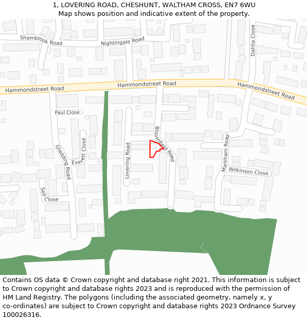 1, LOVERING ROAD, CHESHUNT, WALTHAM CROSS, EN7 6WU: Location map and indicative extent of plot