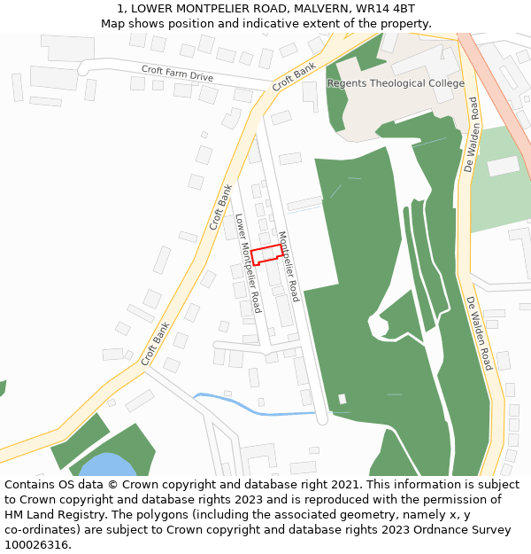 1, LOWER MONTPELIER ROAD, MALVERN, WR14 4BT: Location map and indicative extent of plot