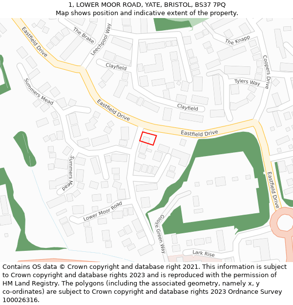 1, LOWER MOOR ROAD, YATE, BRISTOL, BS37 7PQ: Location map and indicative extent of plot