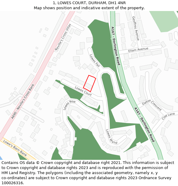 1, LOWES COURT, DURHAM, DH1 4NR: Location map and indicative extent of plot