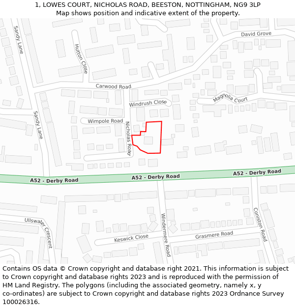 1, LOWES COURT, NICHOLAS ROAD, BEESTON, NOTTINGHAM, NG9 3LP: Location map and indicative extent of plot