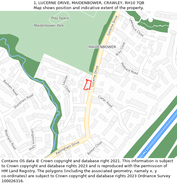 1, LUCERNE DRIVE, MAIDENBOWER, CRAWLEY, RH10 7QB: Location map and indicative extent of plot