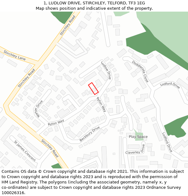1, LUDLOW DRIVE, STIRCHLEY, TELFORD, TF3 1EG: Location map and indicative extent of plot