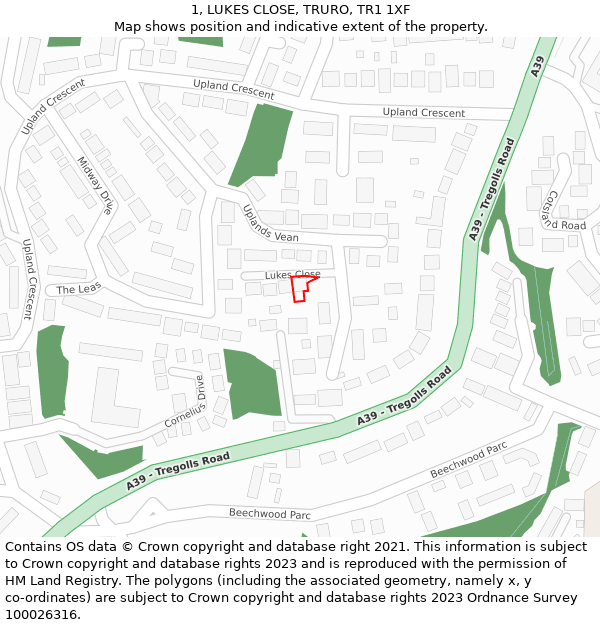 1, LUKES CLOSE, TRURO, TR1 1XF: Location map and indicative extent of plot