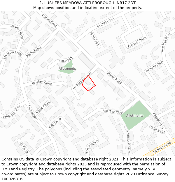 1, LUSHERS MEADOW, ATTLEBOROUGH, NR17 2DT: Location map and indicative extent of plot