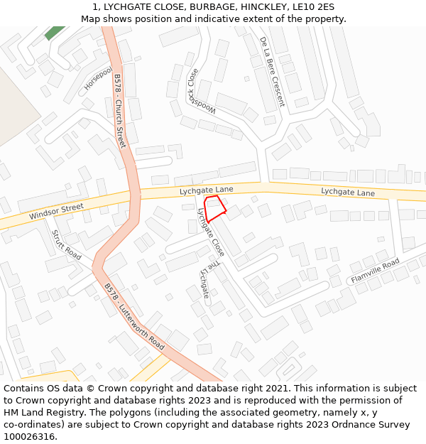 1, LYCHGATE CLOSE, BURBAGE, HINCKLEY, LE10 2ES: Location map and indicative extent of plot