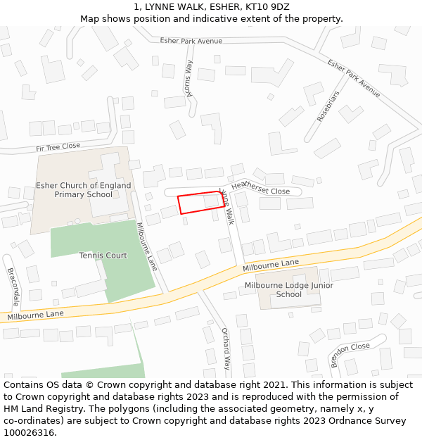1, LYNNE WALK, ESHER, KT10 9DZ: Location map and indicative extent of plot