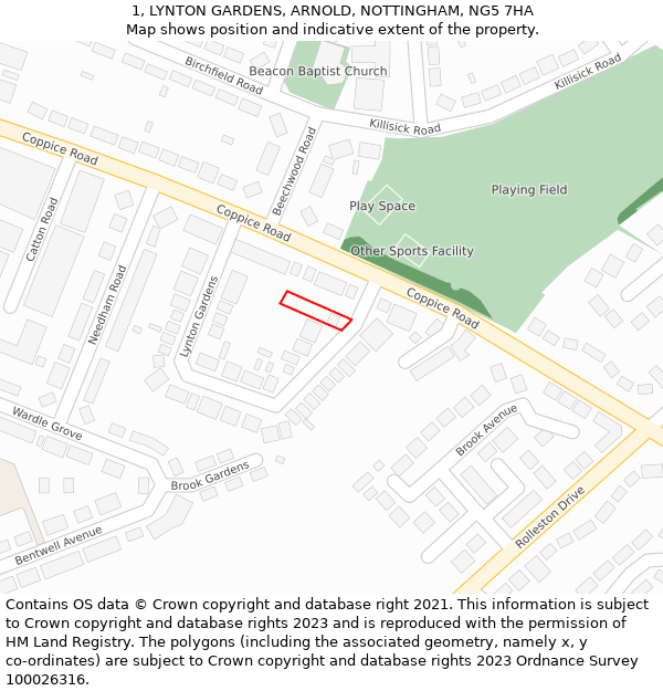 1, LYNTON GARDENS, ARNOLD, NOTTINGHAM, NG5 7HA: Location map and indicative extent of plot