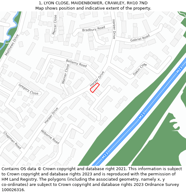 1, LYON CLOSE, MAIDENBOWER, CRAWLEY, RH10 7ND: Location map and indicative extent of plot