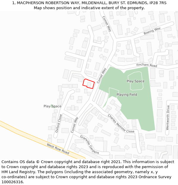 1, MACPHERSON ROBERTSON WAY, MILDENHALL, BURY ST. EDMUNDS, IP28 7RS: Location map and indicative extent of plot
