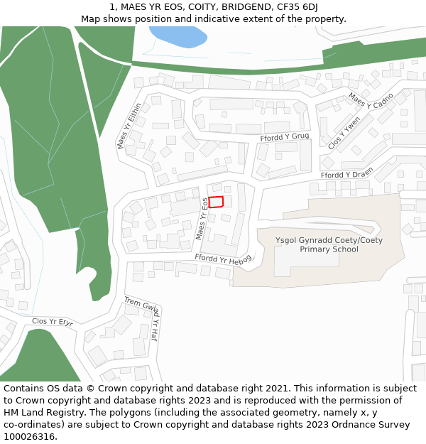 1, MAES YR EOS, COITY, BRIDGEND, CF35 6DJ: Location map and indicative extent of plot