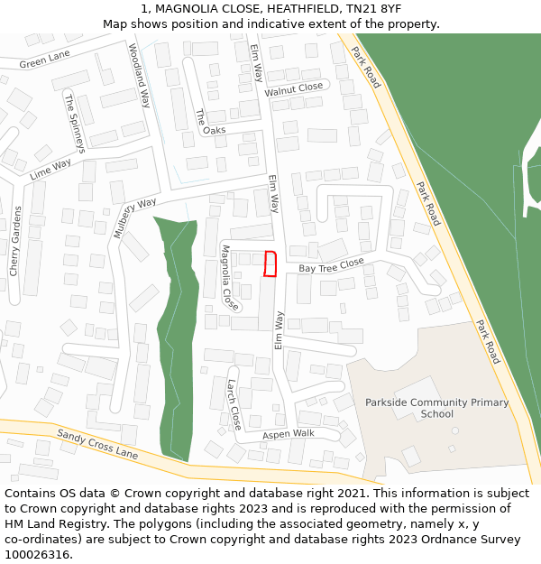 1, MAGNOLIA CLOSE, HEATHFIELD, TN21 8YF: Location map and indicative extent of plot