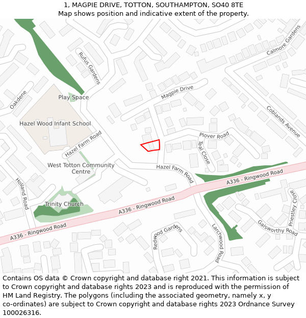 1, MAGPIE DRIVE, TOTTON, SOUTHAMPTON, SO40 8TE: Location map and indicative extent of plot