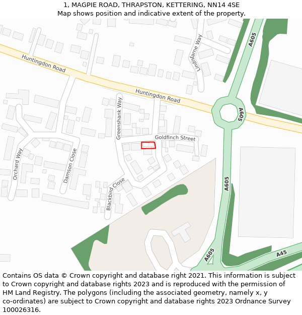 1, MAGPIE ROAD, THRAPSTON, KETTERING, NN14 4SE: Location map and indicative extent of plot