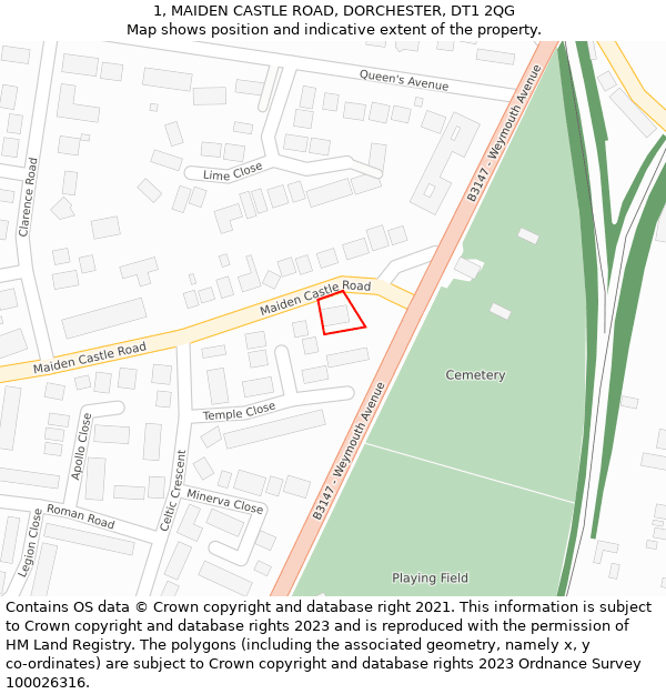 1, MAIDEN CASTLE ROAD, DORCHESTER, DT1 2QG: Location map and indicative extent of plot