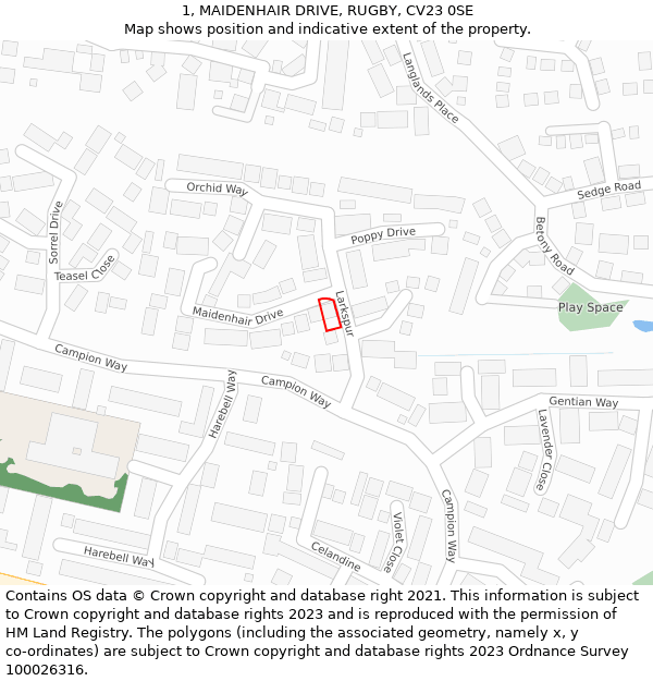 1, MAIDENHAIR DRIVE, RUGBY, CV23 0SE: Location map and indicative extent of plot