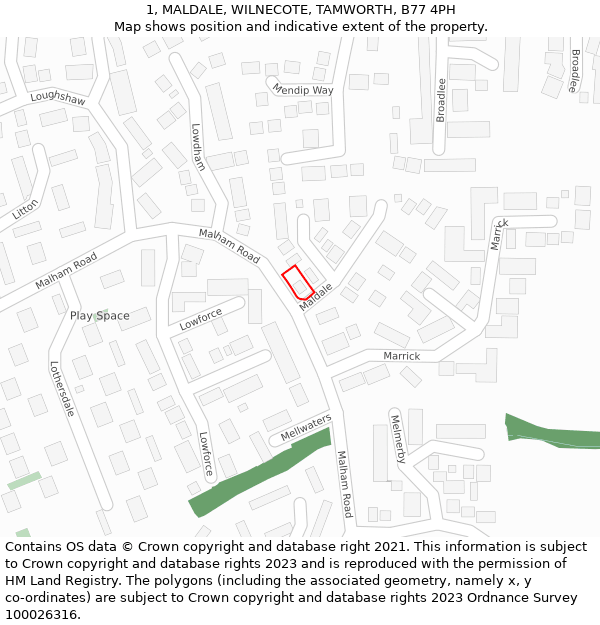 1, MALDALE, WILNECOTE, TAMWORTH, B77 4PH: Location map and indicative extent of plot