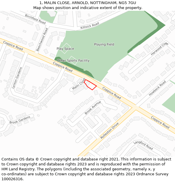 1, MALIN CLOSE, ARNOLD, NOTTINGHAM, NG5 7GU: Location map and indicative extent of plot