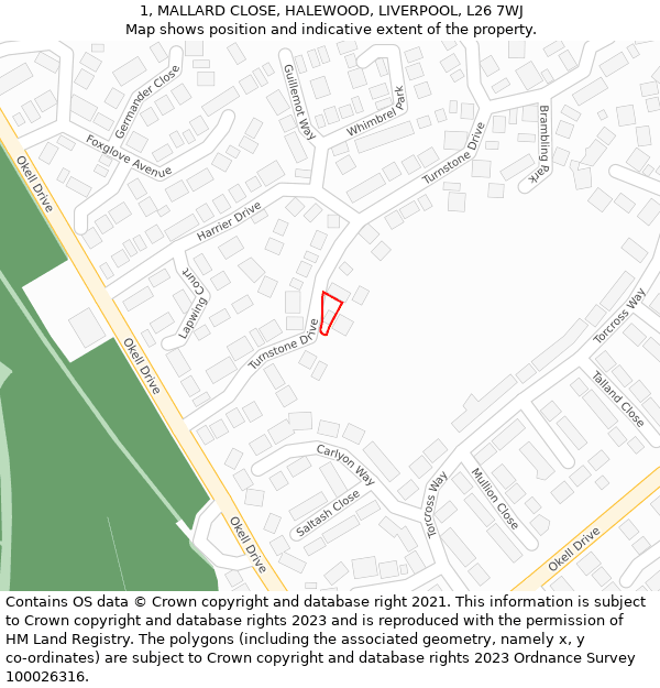 1, MALLARD CLOSE, HALEWOOD, LIVERPOOL, L26 7WJ: Location map and indicative extent of plot