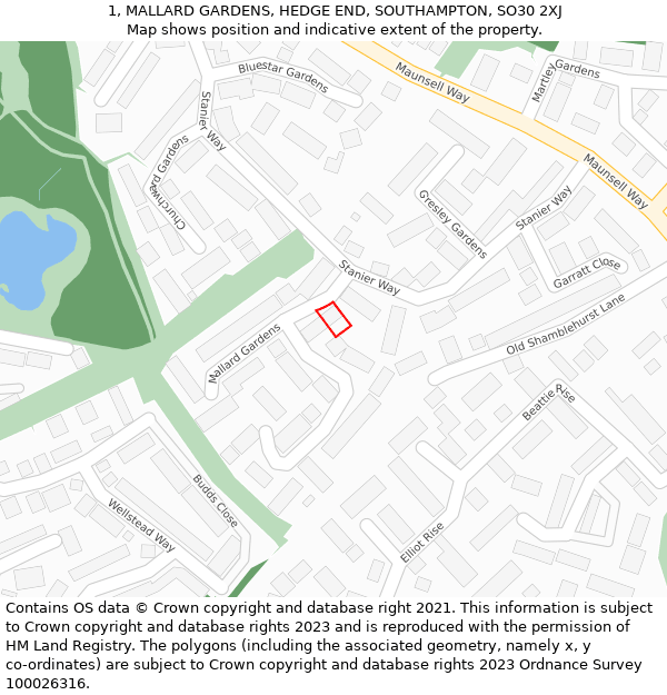 1, MALLARD GARDENS, HEDGE END, SOUTHAMPTON, SO30 2XJ: Location map and indicative extent of plot