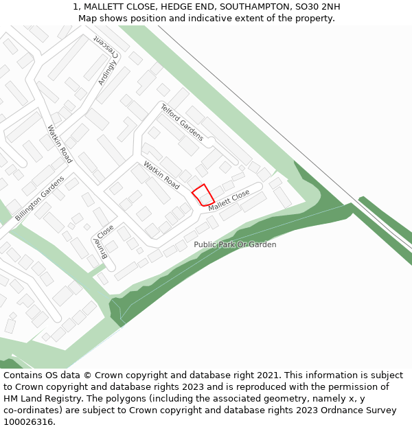 1, MALLETT CLOSE, HEDGE END, SOUTHAMPTON, SO30 2NH: Location map and indicative extent of plot