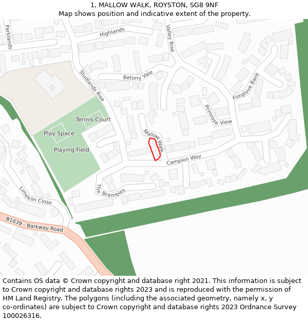 1, MALLOW WALK, ROYSTON, SG8 9NF: Location map and indicative extent of plot