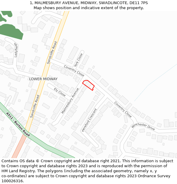 1, MALMESBURY AVENUE, MIDWAY, SWADLINCOTE, DE11 7PS: Location map and indicative extent of plot