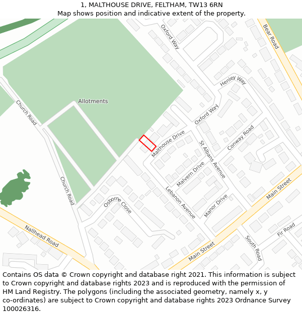 1, MALTHOUSE DRIVE, FELTHAM, TW13 6RN: Location map and indicative extent of plot
