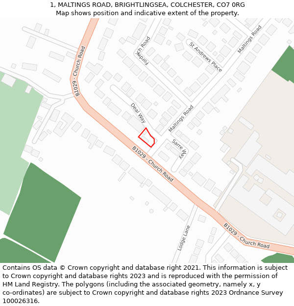 1, MALTINGS ROAD, BRIGHTLINGSEA, COLCHESTER, CO7 0RG: Location map and indicative extent of plot