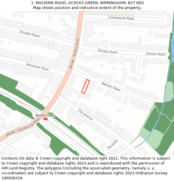 1, MALVERN ROAD, ACOCKS GREEN, BIRMINGHAM, B27 6EG: Location map and indicative extent of plot