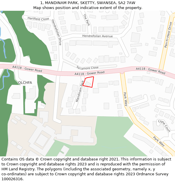 1, MANDINAM PARK, SKETTY, SWANSEA, SA2 7AW: Location map and indicative extent of plot