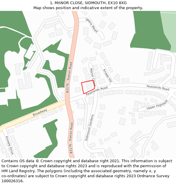 1, MANOR CLOSE, SIDMOUTH, EX10 8XG: Location map and indicative extent of plot