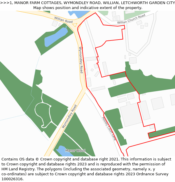 1, MANOR FARM COTTAGES, WYMONDLEY ROAD, WILLIAN, LETCHWORTH GARDEN CITY, SG6 2AH: Location map and indicative extent of plot