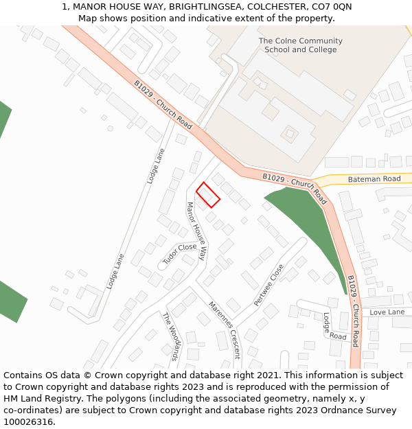 1, MANOR HOUSE WAY, BRIGHTLINGSEA, COLCHESTER, CO7 0QN: Location map and indicative extent of plot