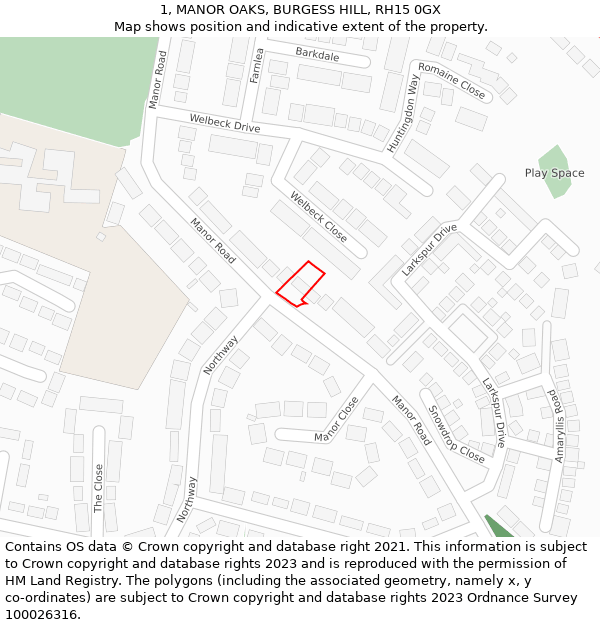 1, MANOR OAKS, BURGESS HILL, RH15 0GX: Location map and indicative extent of plot