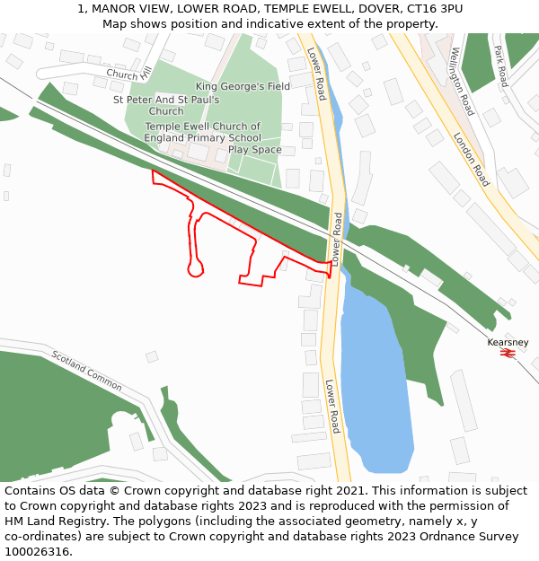 1, MANOR VIEW, LOWER ROAD, TEMPLE EWELL, DOVER, CT16 3PU: Location map and indicative extent of plot