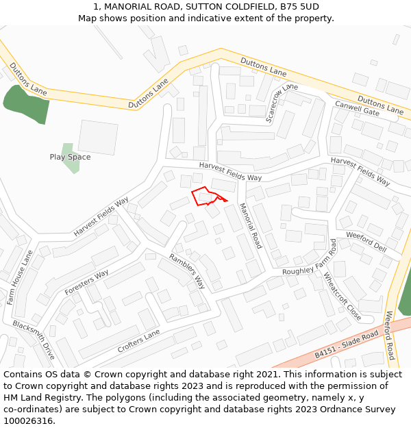 1, MANORIAL ROAD, SUTTON COLDFIELD, B75 5UD: Location map and indicative extent of plot