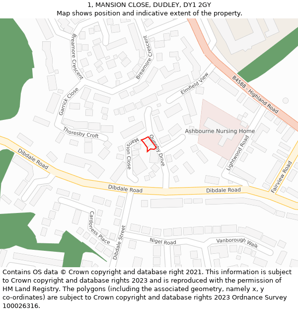 1, MANSION CLOSE, DUDLEY, DY1 2GY: Location map and indicative extent of plot