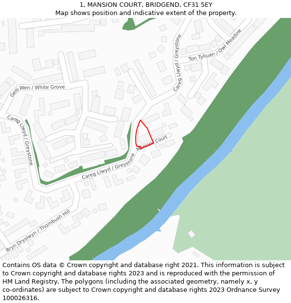 1, MANSION COURT, BRIDGEND, CF31 5EY: Location map and indicative extent of plot