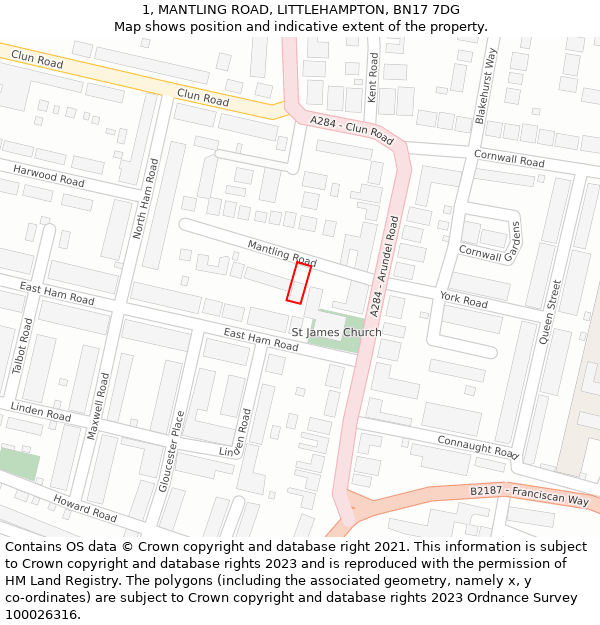 1, MANTLING ROAD, LITTLEHAMPTON, BN17 7DG: Location map and indicative extent of plot