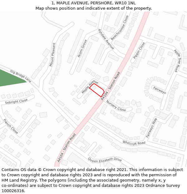 1, MAPLE AVENUE, PERSHORE, WR10 1NL: Location map and indicative extent of plot