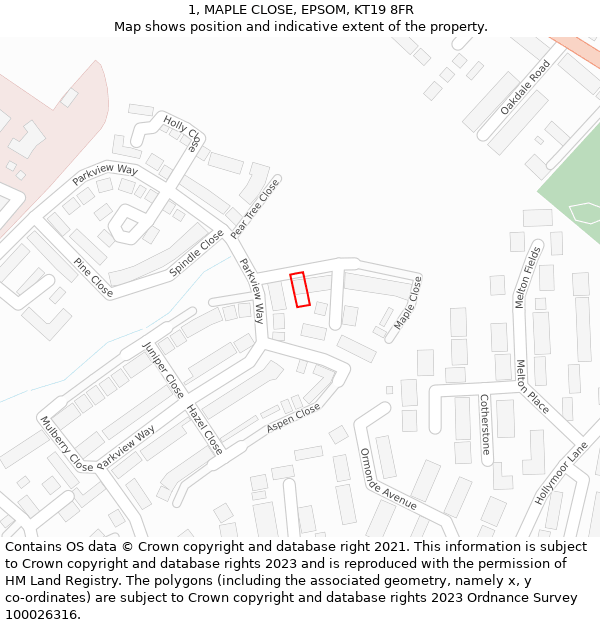 1, MAPLE CLOSE, EPSOM, KT19 8FR: Location map and indicative extent of plot