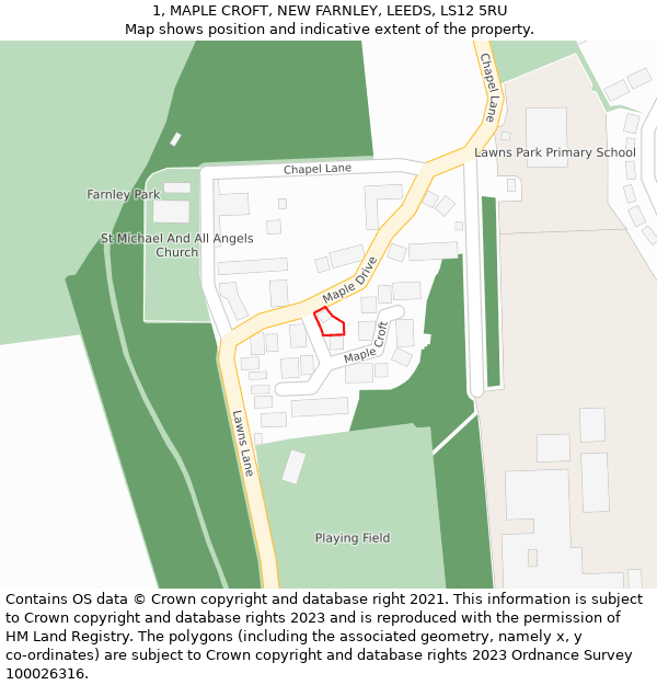1, MAPLE CROFT, NEW FARNLEY, LEEDS, LS12 5RU: Location map and indicative extent of plot