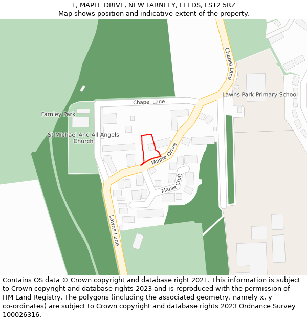 1, MAPLE DRIVE, NEW FARNLEY, LEEDS, LS12 5RZ: Location map and indicative extent of plot