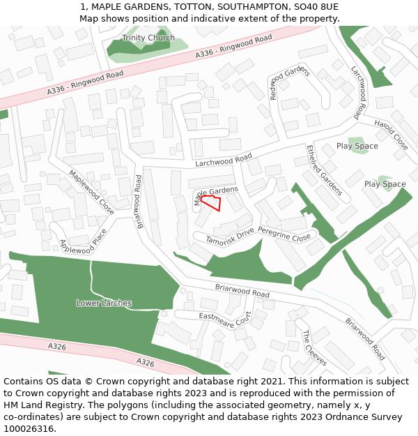 1, MAPLE GARDENS, TOTTON, SOUTHAMPTON, SO40 8UE: Location map and indicative extent of plot